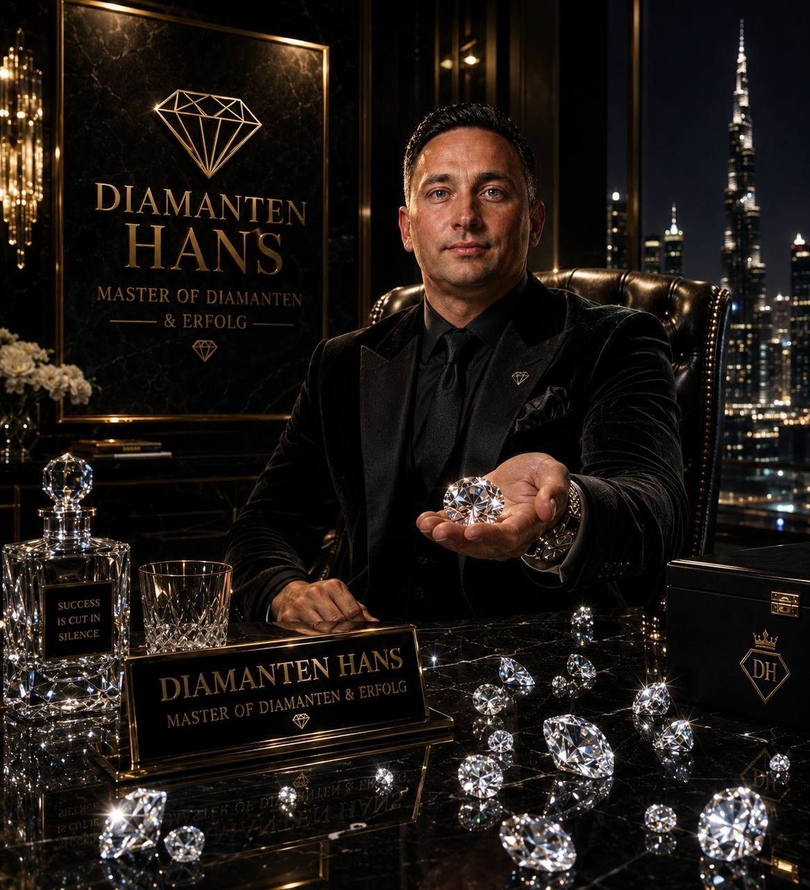 Diamanten Hans im schwarzen Anzug mit einem Brillanten in der Hand, im Hintergrund die Skyline von Dubai