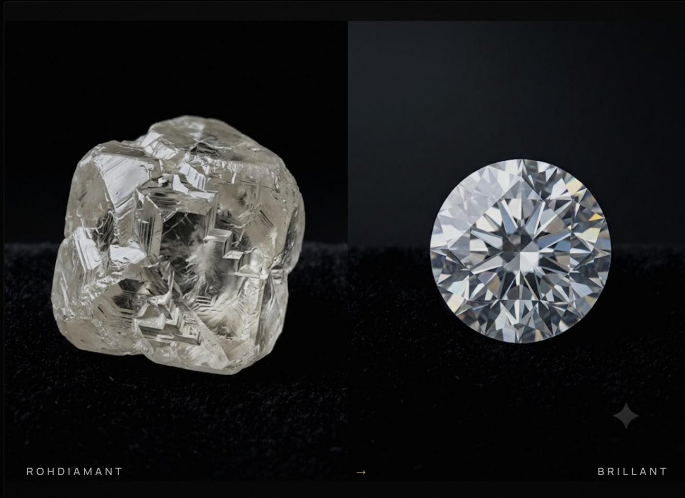 Links ein Rohdiamant, rechts der daraus geschliffene Brillant